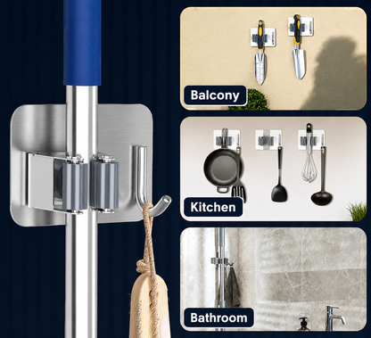 SUNVIBE® Broom & Mop Holder, Stainless Steel Wall Mounted Organizer Rack with Hooks, Heavy Duty Stick Holder for Brooms, Mops, Brushes & Cleaning Tools, for Kitchen, Bathroom, Laundry, Garage & Garden
