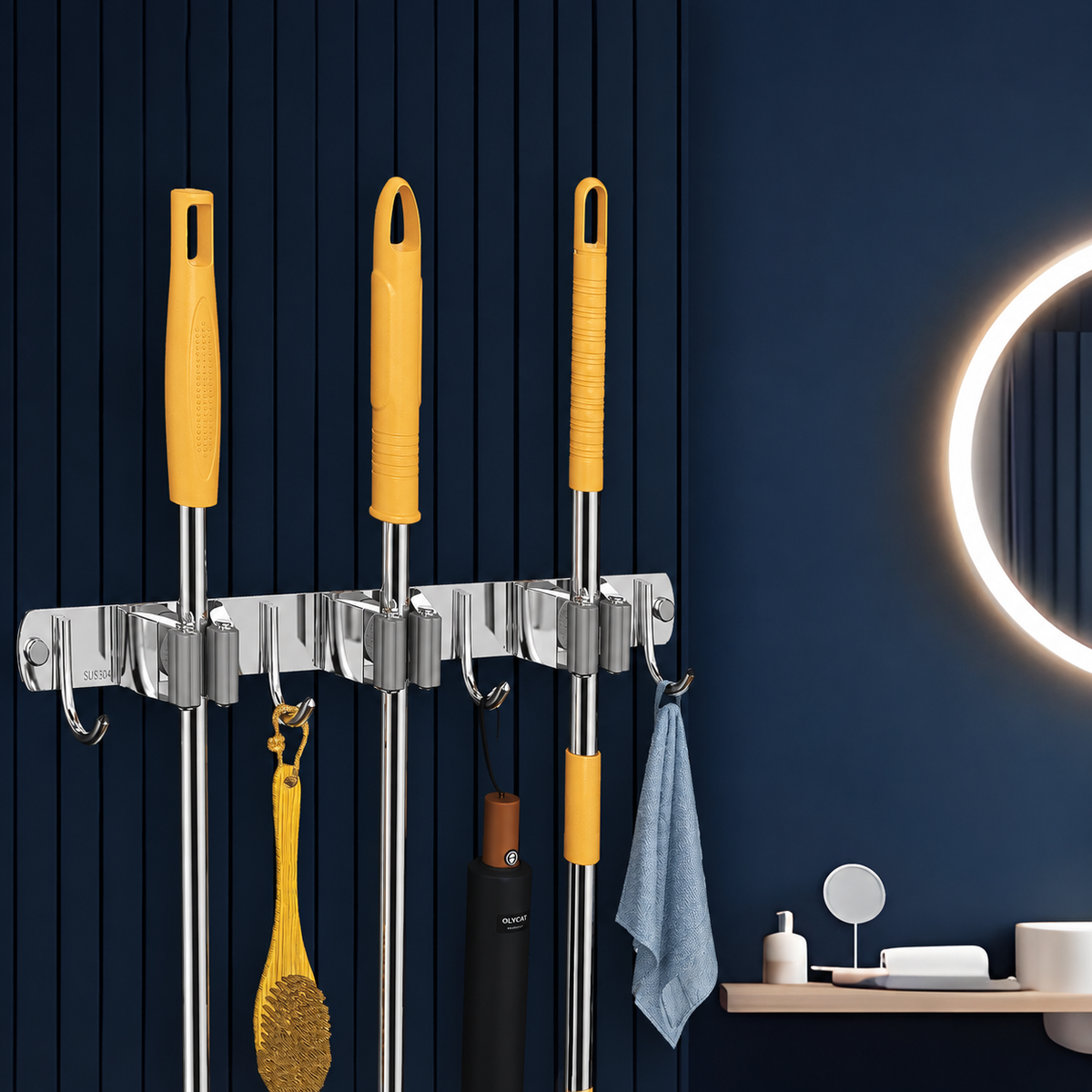 SUNVIBE® Broom & Mop Holder, Stainless Steel Wall Mounted Organizer Rack with Hooks, Heavy Duty Stick Holder for Brooms, Mops, Brushes & Cleaning Tools, for Kitchen, Bathroom, Laundry, Garage & Garden