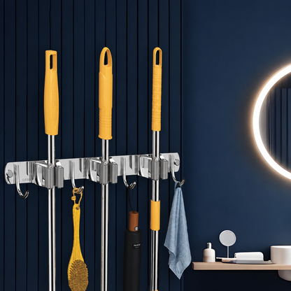 SUNVIBE® Broom & Mop Holder, Stainless Steel Wall Mounted Organizer Rack with Hooks, Heavy Duty Stick Holder for Brooms, Mops, Brushes & Cleaning Tools, for Kitchen, Bathroom, Laundry, Garage & Garden