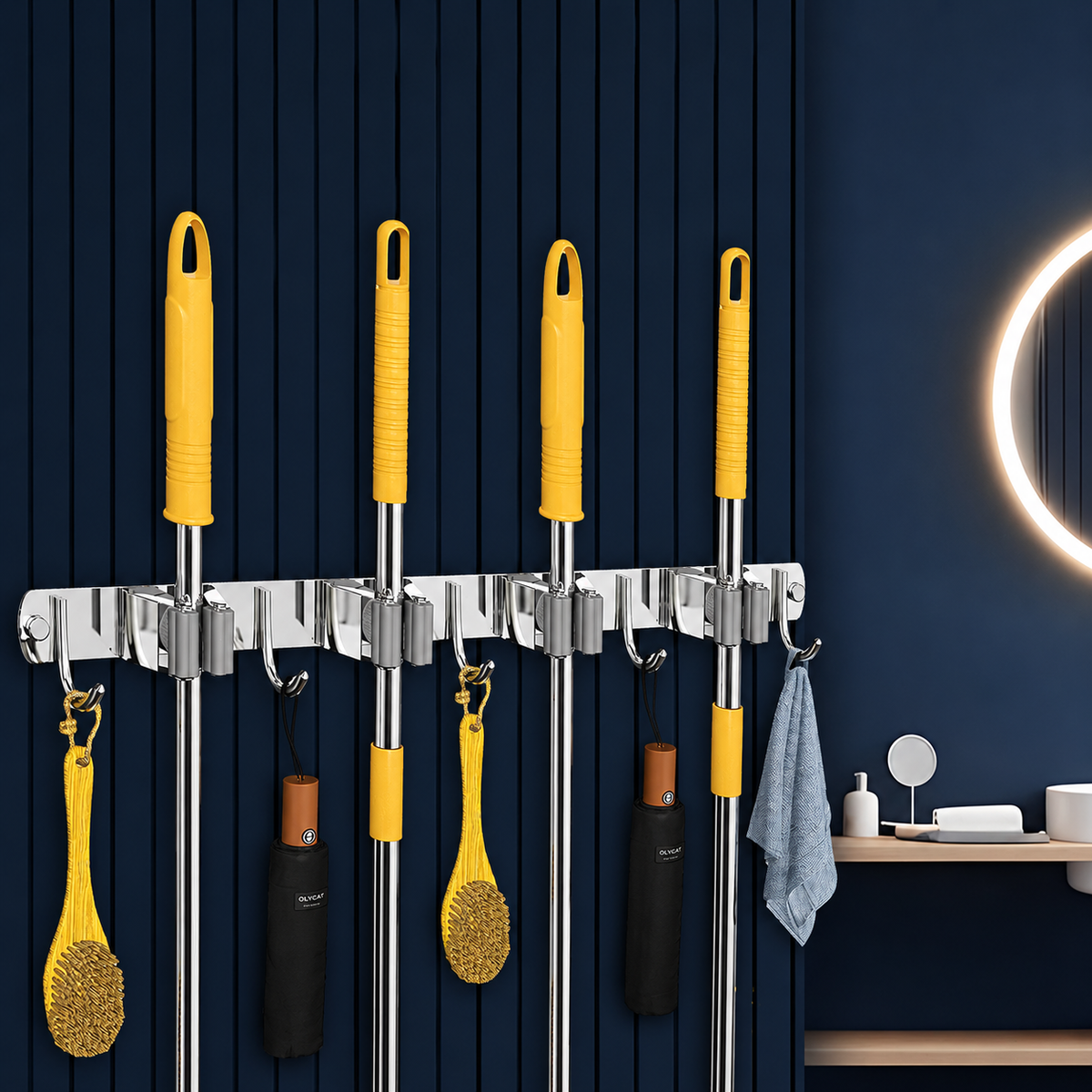 SUNVIBE® Broom & Mop Holder, Stainless Steel Wall Mounted Organizer Rack with Hooks, Heavy Duty Stick Holder for Brooms, Mops, Brushes & Cleaning Tools, for Kitchen, Bathroom, Laundry, Garage & Garden