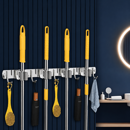 SUNVIBE® Broom & Mop Holder, Stainless Steel Wall Mounted Organizer Rack with Hooks, Heavy Duty Stick Holder for Brooms, Mops, Brushes & Cleaning Tools, for Kitchen, Bathroom, Laundry, Garage & Garden