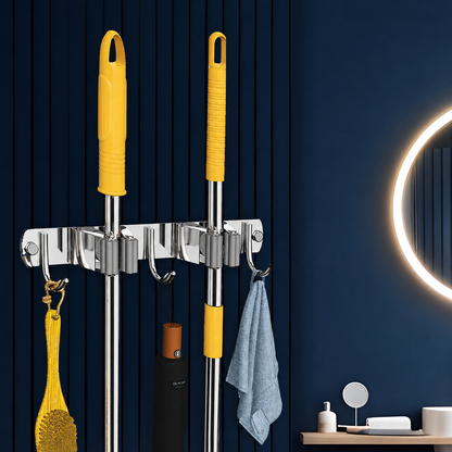 SUNVIBE® Broom & Mop Holder, Stainless Steel Wall Mounted Organizer Rack with Hooks, Heavy Duty Stick Holder for Brooms, Mops, Brushes & Cleaning Tools, for Kitchen, Bathroom, Laundry, Garage & Garden