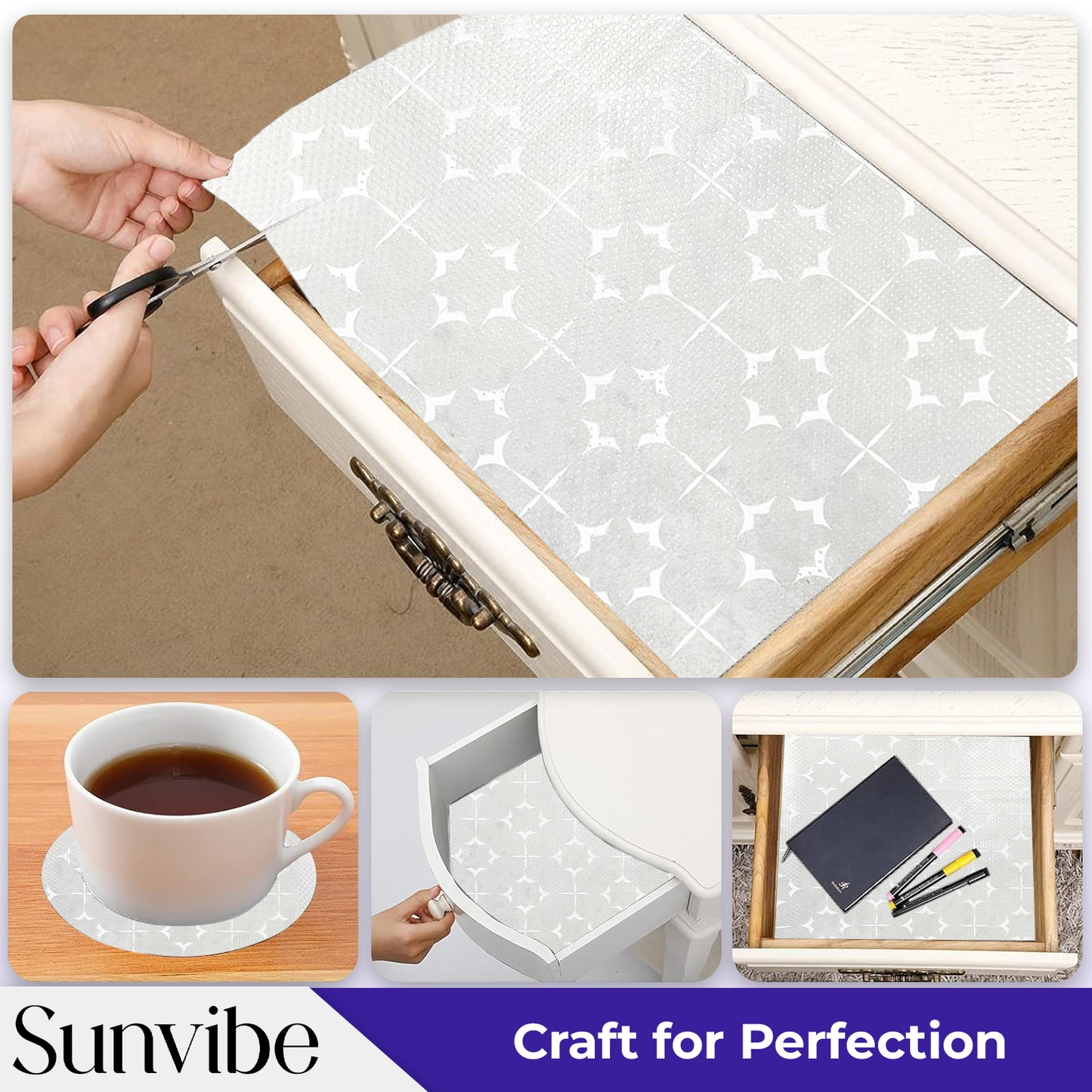 SUNVIBE Printed Shelf Liner – Anti-Slip Mat for Kitchen, Drawers & Fridge (White-Star Design)