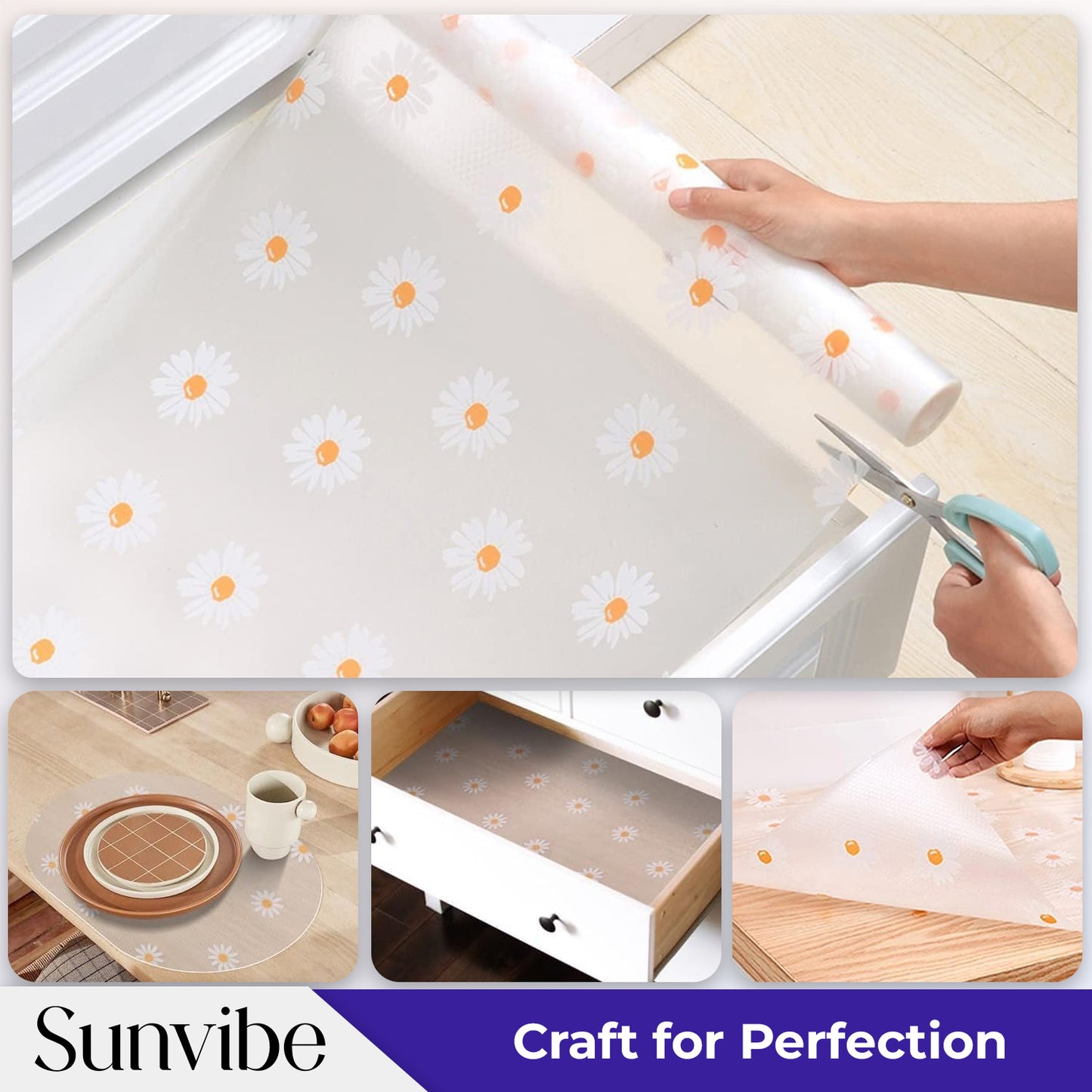 SUNVIBE Printed Shelf Liner – Anti-Slip Mat for Kitchen, Drawers & Fridge (White-Flower Design)