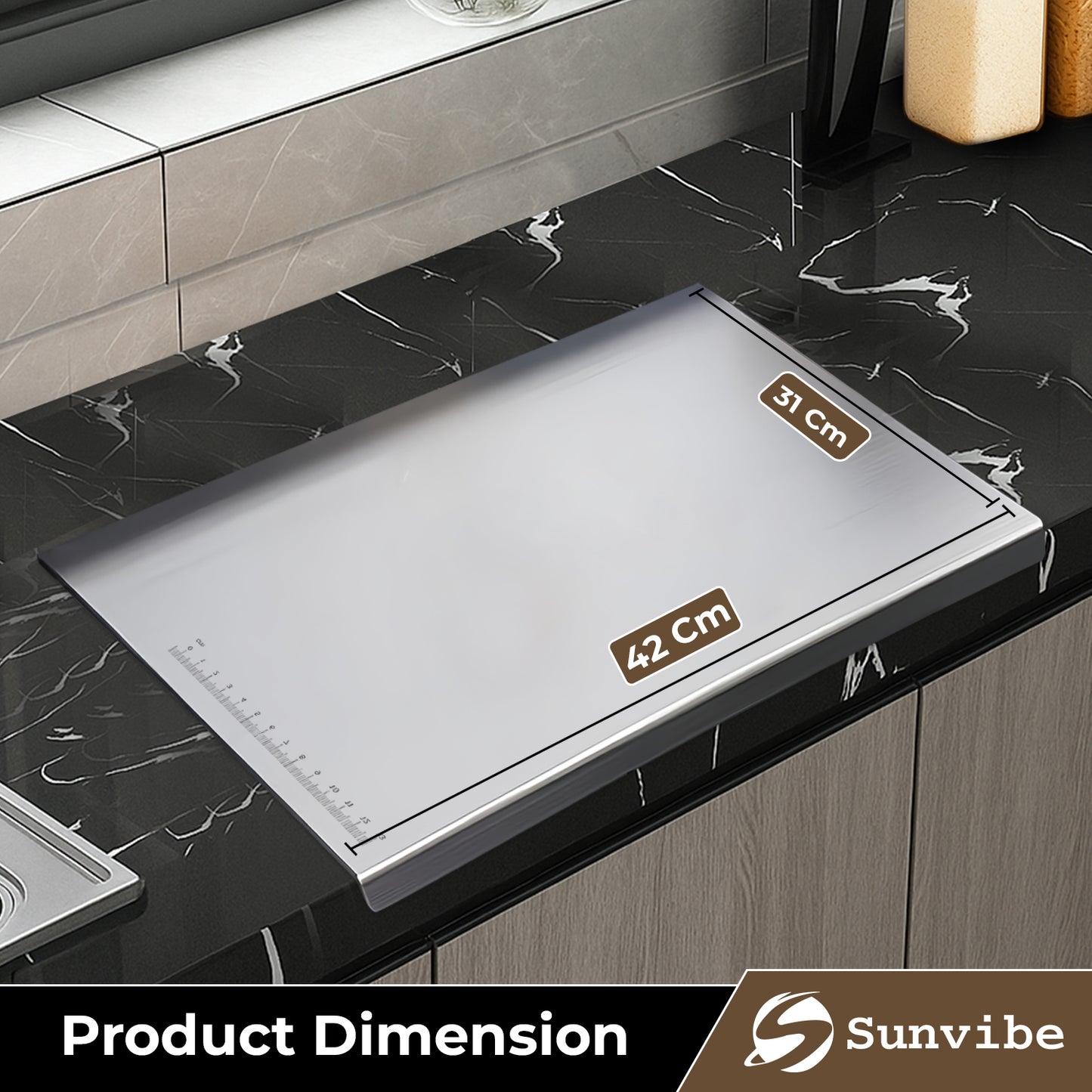 SUNVIBE® Stainless Steel Chopping Board for Kitchen | Heavy-Duty Metal Cutting Board for Vegetables, Fruits & Meat | Rustproof, Hygienic & Easy to Clean | 42x31 cm