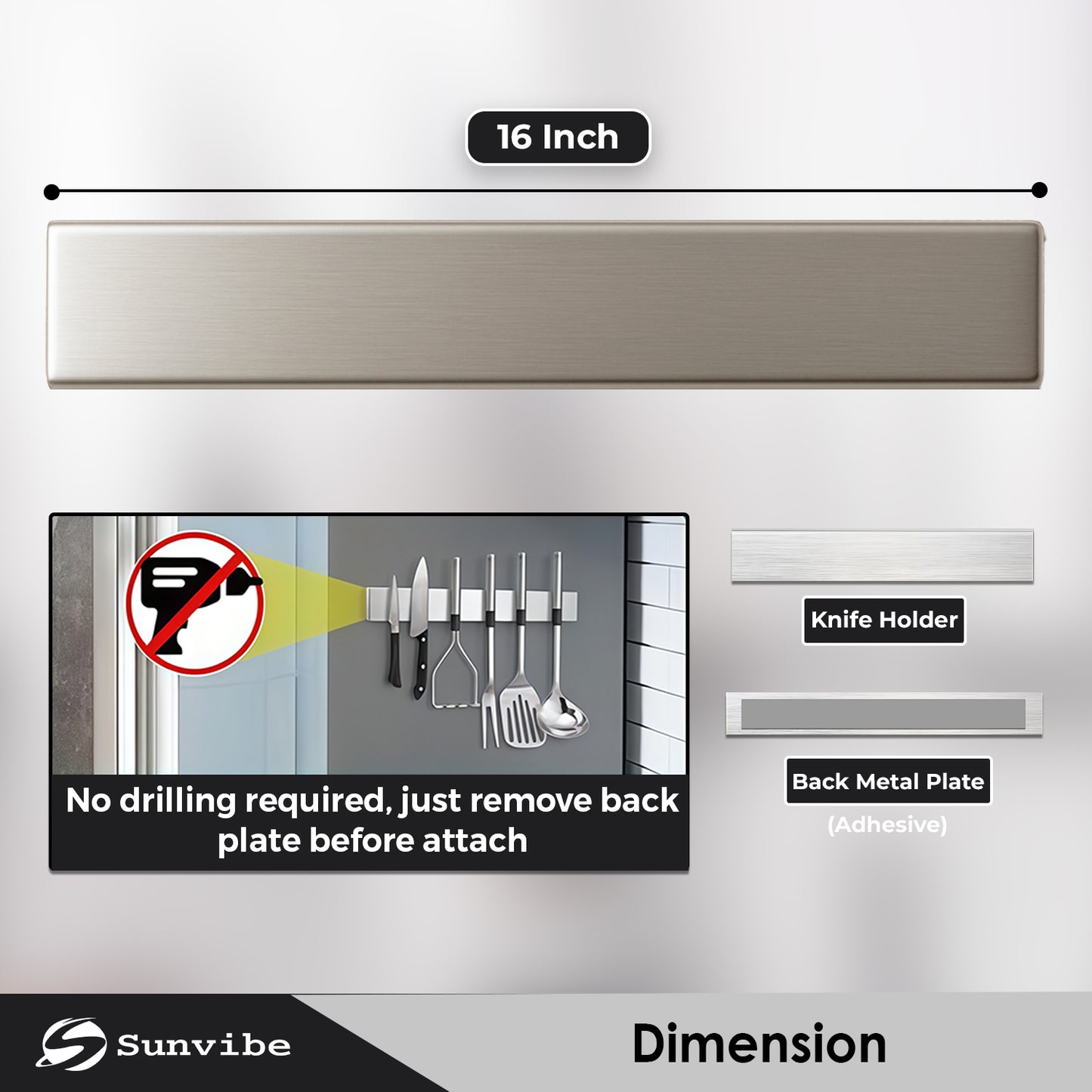 Sunvibe Magnetic Knife Strip – Wall Mounted Knife Bar with Strong Magnet | Adhesive Mount, No Drilling | Space-Saving Kitchen Organizer & Multi-Purpose Tool Holder for Home & Restaurant