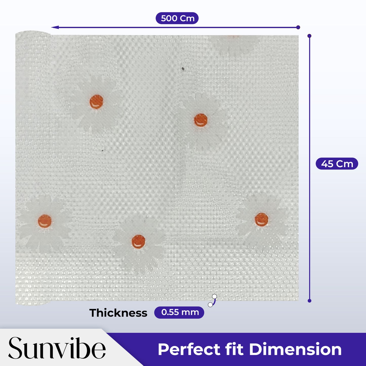 SUNVIBE Printed Shelf Liner – Anti-Slip Mat for Kitchen, Drawers & Fridge (White-Flower Design)