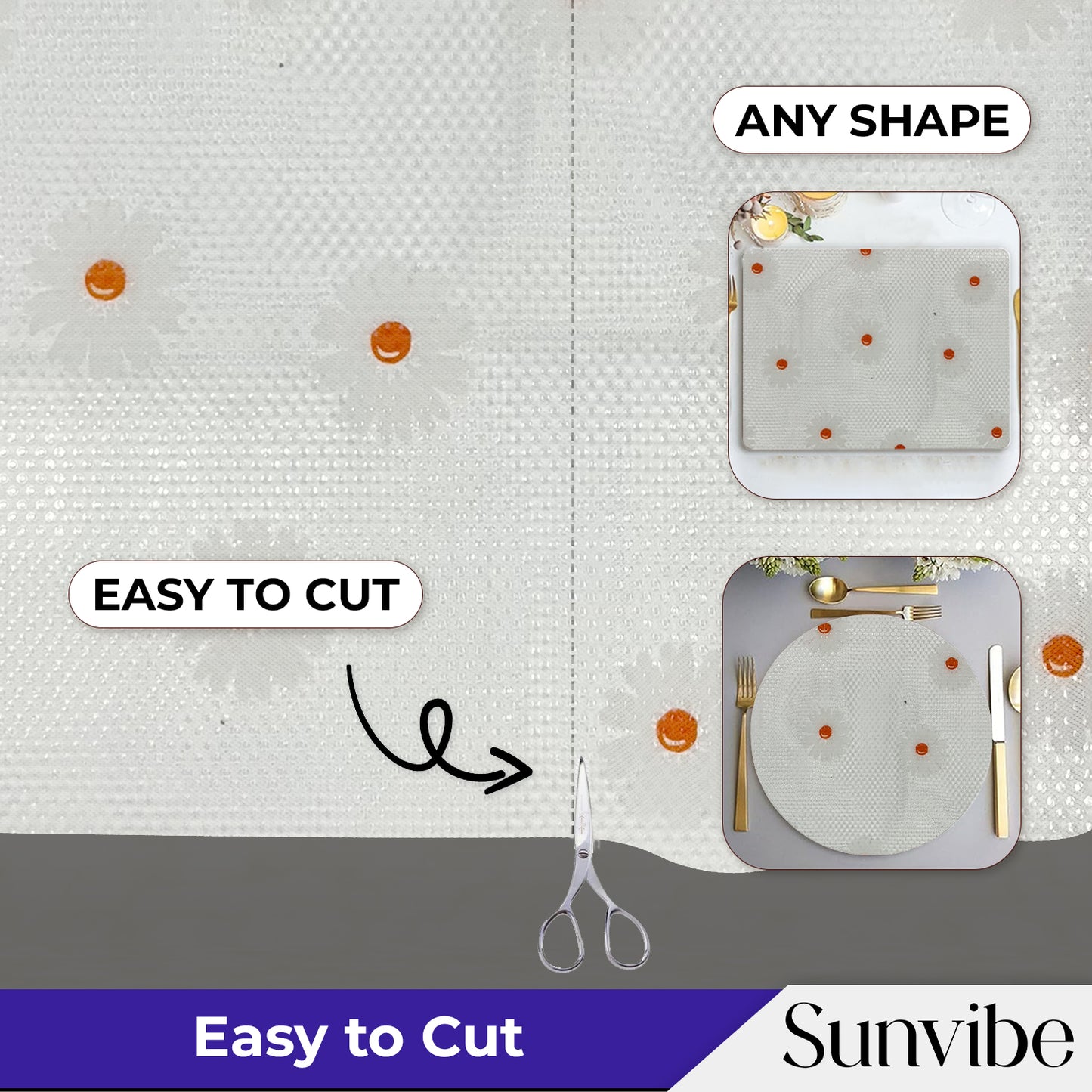 SUNVIBE Printed Shelf Liner – Anti-Slip Mat for Kitchen, Drawers & Fridge (White-Flower Design)