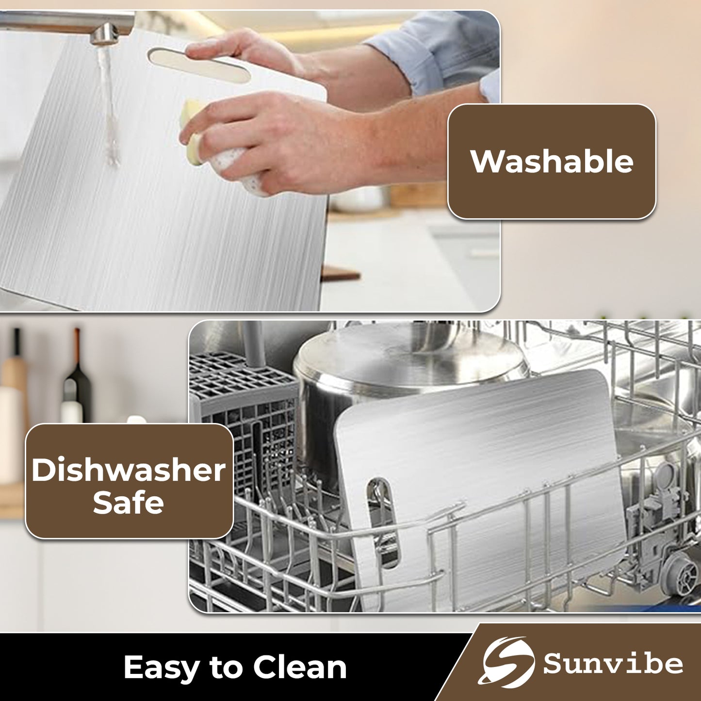 SUNVIBE® Stainless Steel Cutting Board with Handle | Durable, Rustproof & Hygienic Kitchen Worktop for Vegetables, Fruits & Meat