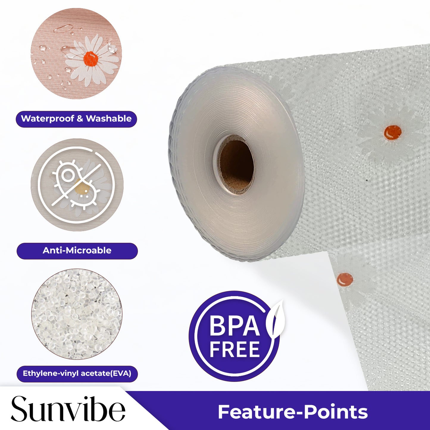 SUNVIBE Printed Shelf Liner – Anti-Slip Mat for Kitchen, Drawers & Fridge (White-Flower Design)