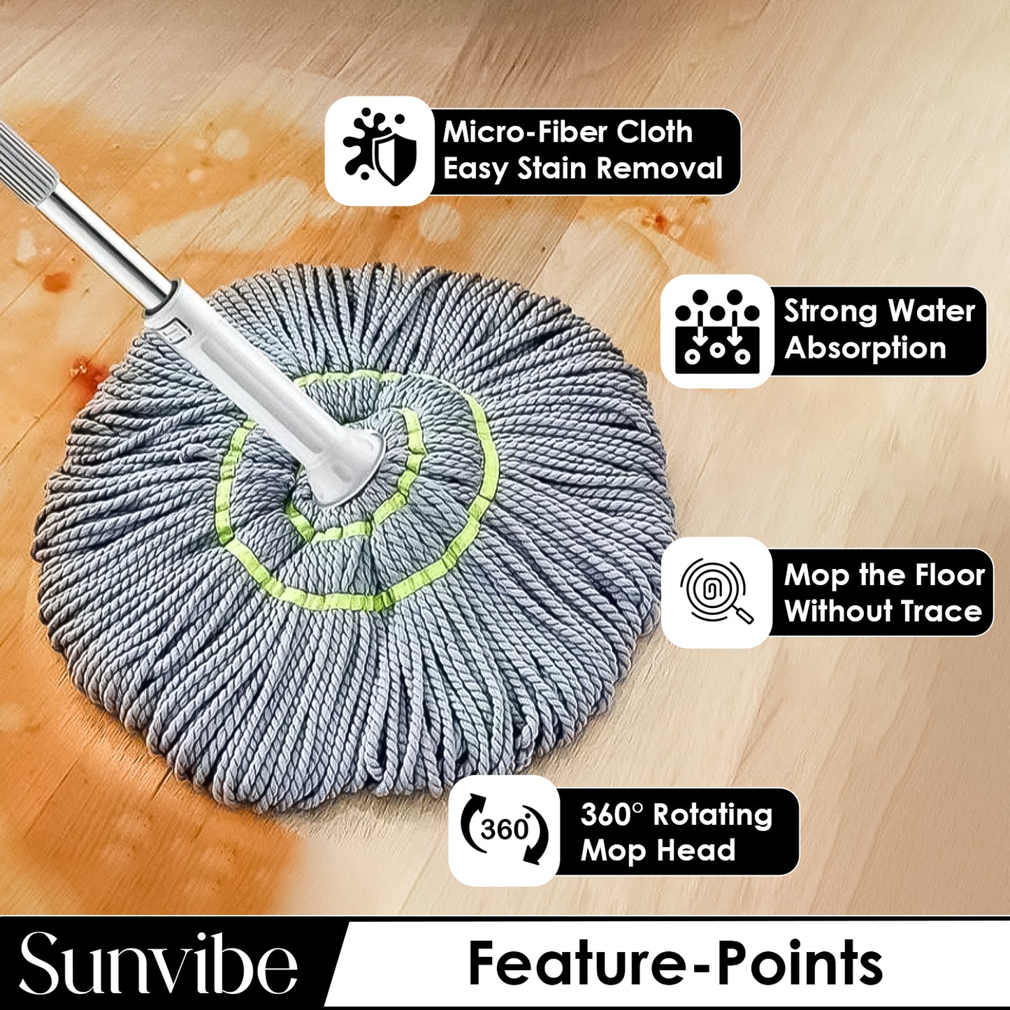 Sunvibe 360° Spin Mop with Stainless Steel Handle & Bucket | Heavy Duty Floor Cleaning Mop | Super Absorbent Microfiber | Easy Wringer System for All Floors