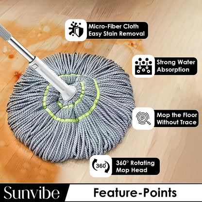 Sunvibe 360° Spin Mop with Stainless Steel Handle & Bucket | Heavy Duty Floor Cleaning Mop | Super Absorbent Microfiber | Easy Wringer System for All Floors