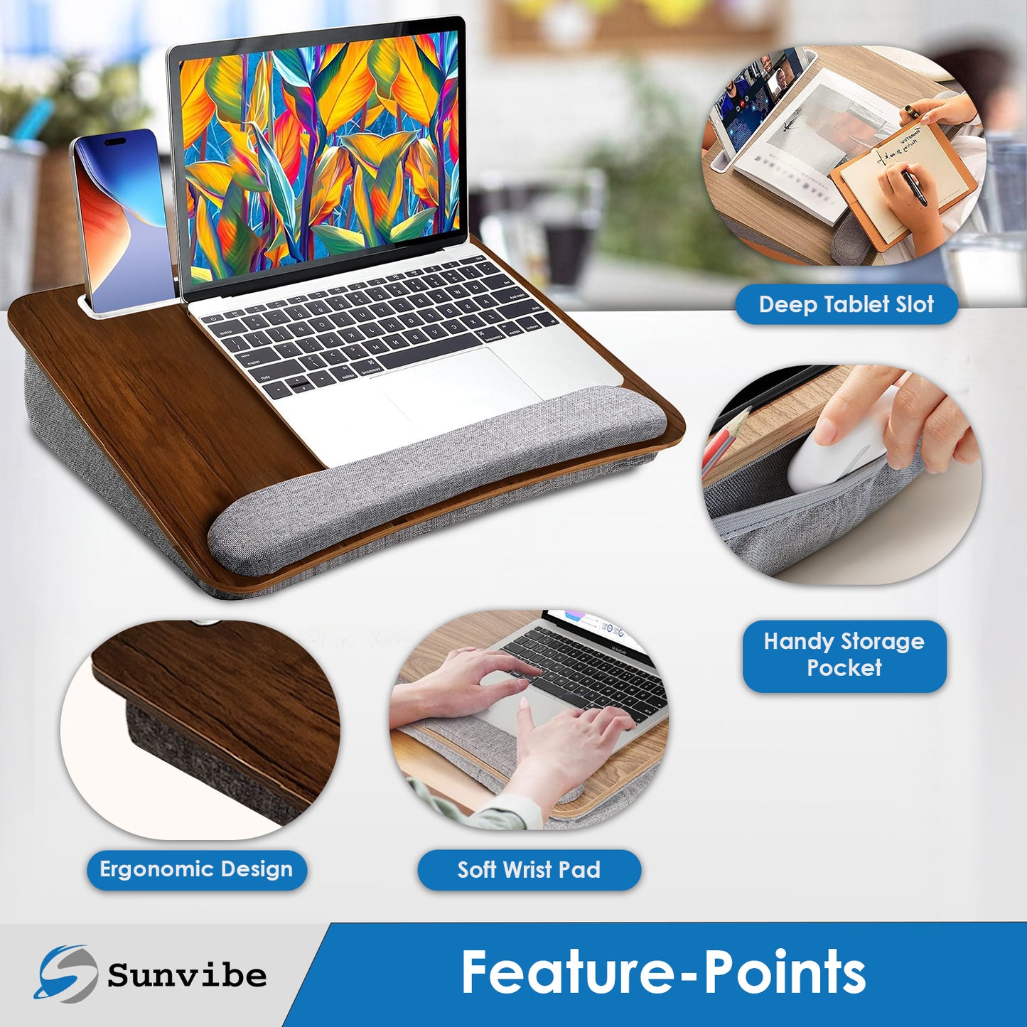 Portable Laptop Lapdesk with Soft Wrist Pad and Handy Storage Pocket, Fits up to 15.6 inch Laptop