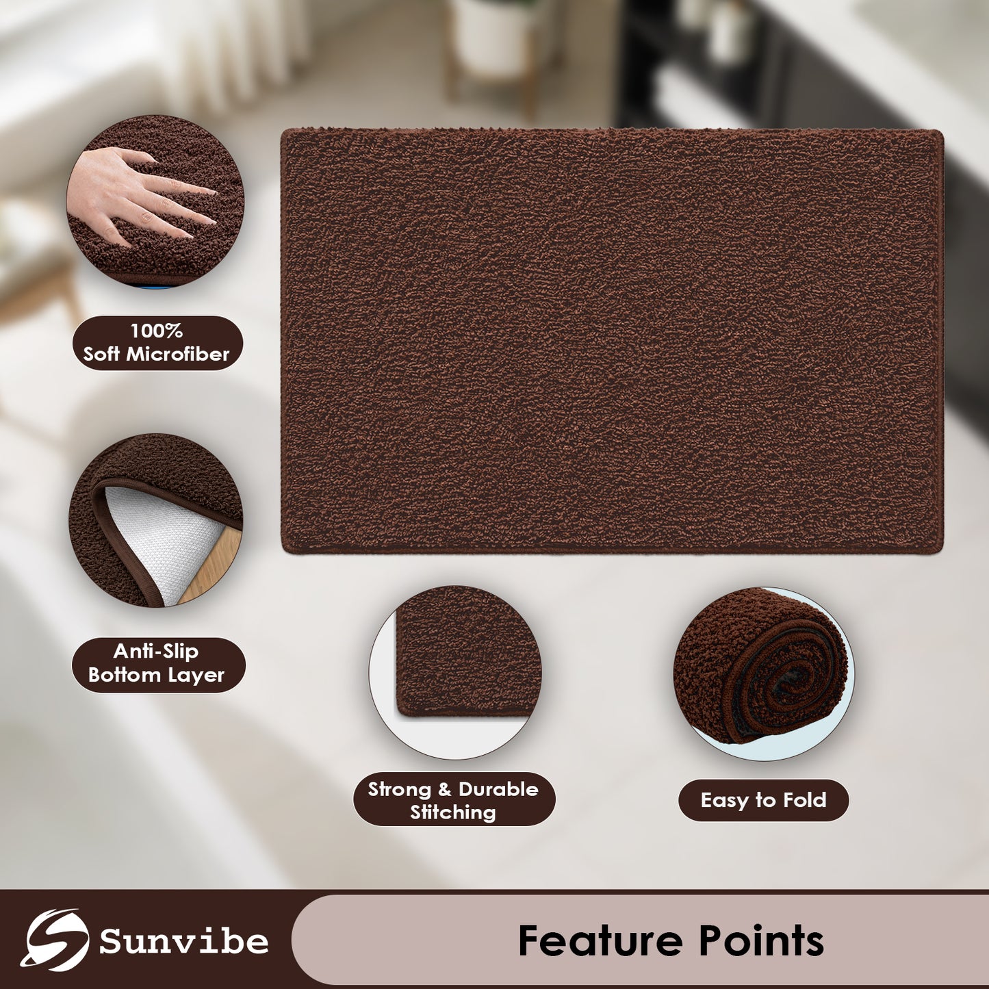 Sunvibe Premium Microfiber Floor Mat – Super Soft, Highly Absorbent & Quick Dry | Anti-Slip Multipurpose Mat for Bathroom, Kitchen & Bedroom (40 x 60 cm)