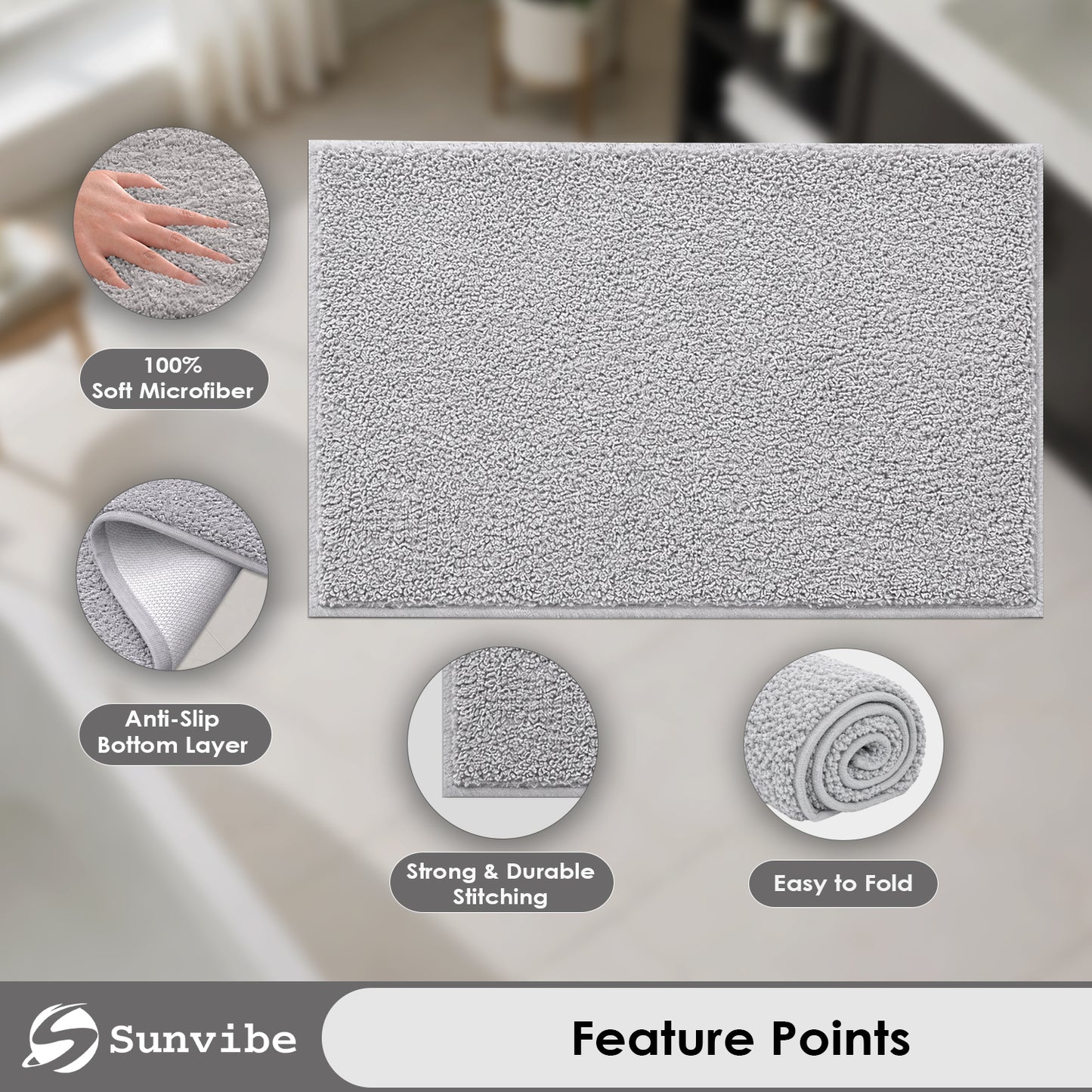 Sunvibe Premium Microfiber Floor Mat – Super Soft, Highly Absorbent & Quick Dry | Anti-Slip Multipurpose Mat for Bathroom, Kitchen & Bedroom (40 x 60 cm)