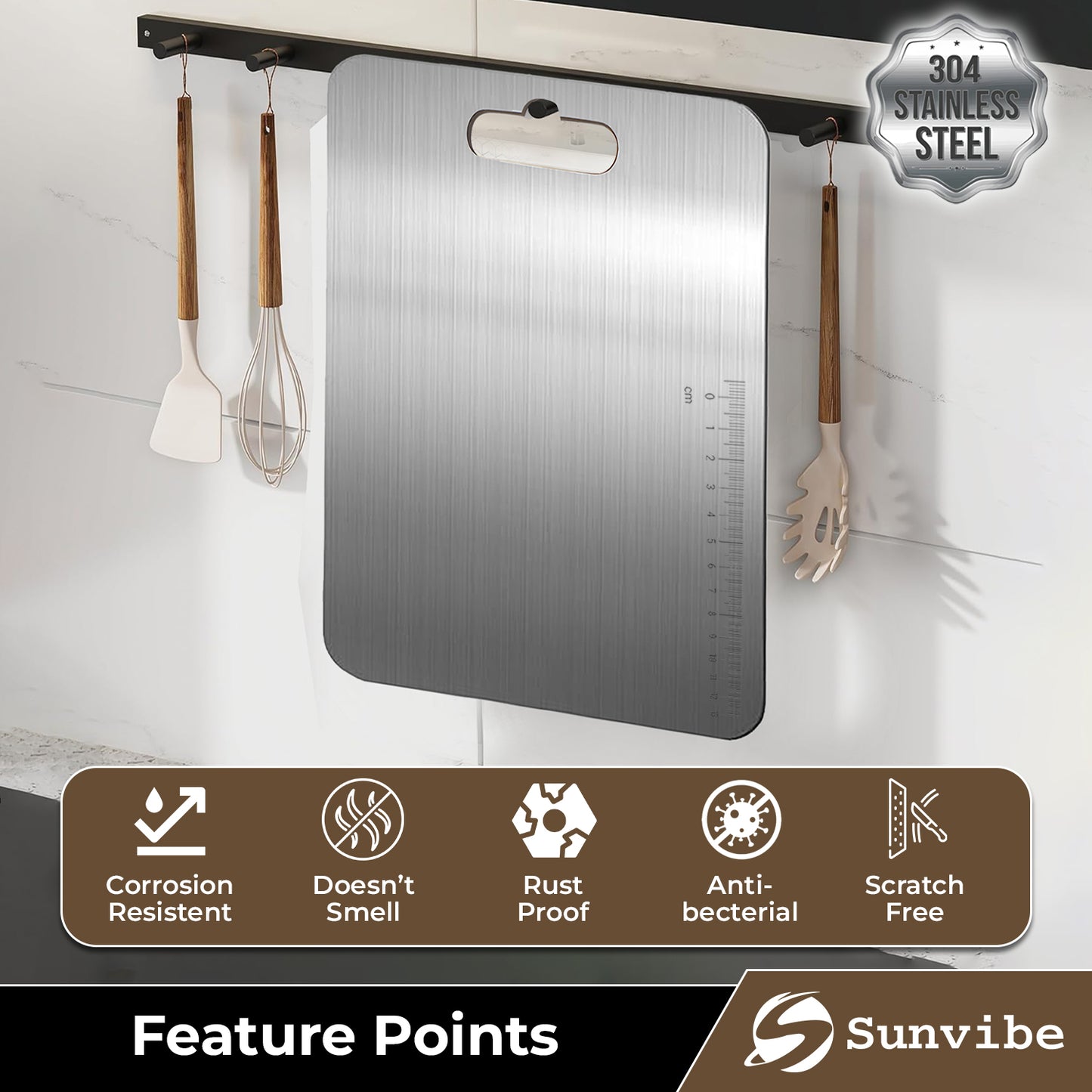 SUNVIBE® Stainless Steel Cutting Board with Handle | Durable, Rustproof & Hygienic Kitchen Worktop for Vegetables, Fruits & Meat