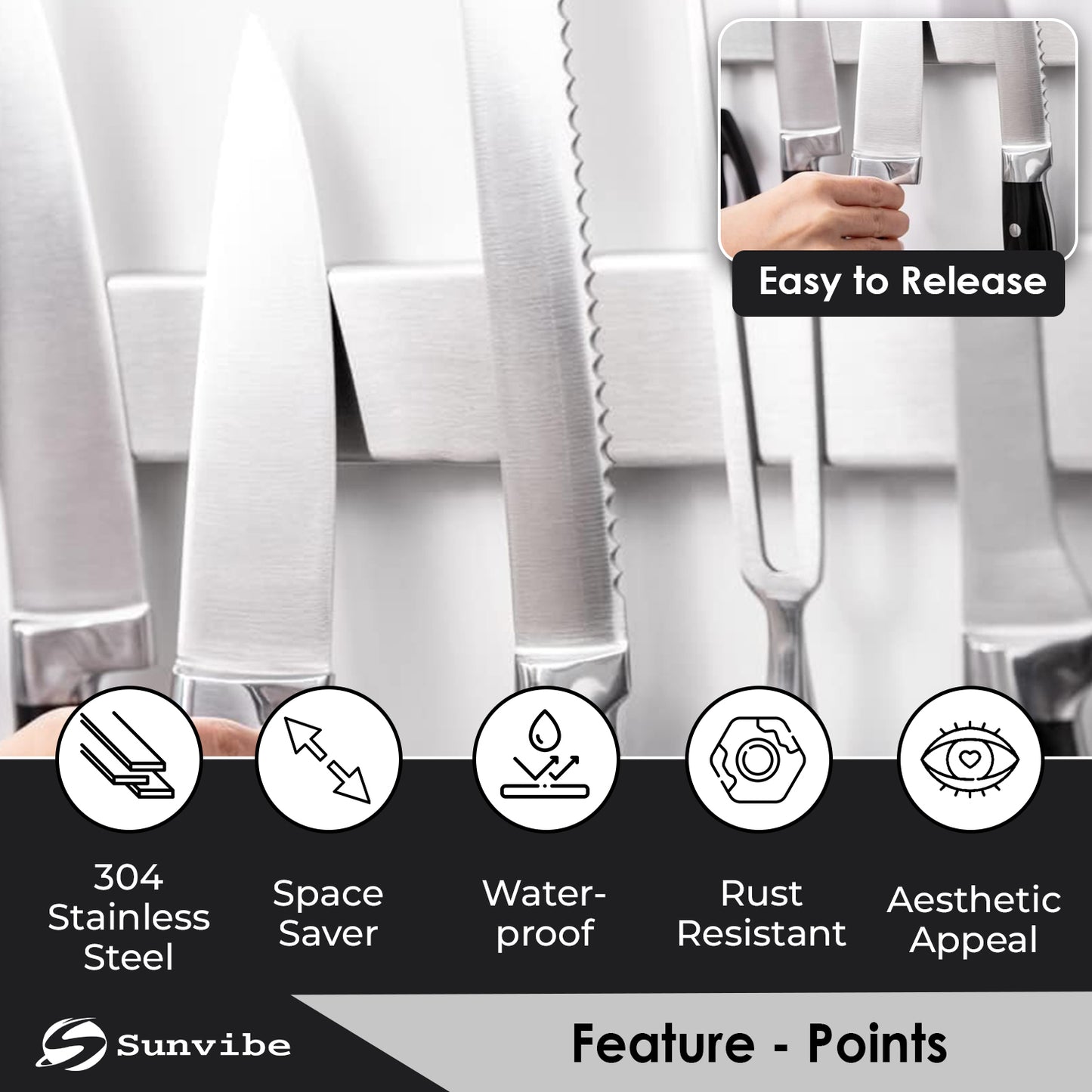 Sunvibe Magnetic Knife Strip – Wall Mounted Knife Bar with Strong Magnet | Adhesive Mount, No Drilling | Space-Saving Kitchen Organizer & Multi-Purpose Tool Holder for Home & Restaurant