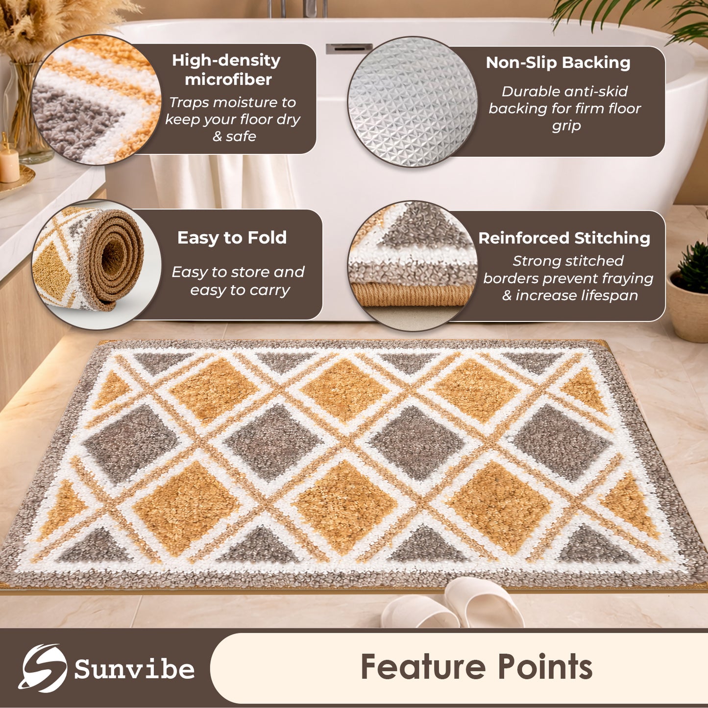 3D Microfiber Floor Mat | Ultra Soft & Super Absorbent Bath Mat | Anti-Slip Backing | Quick Dry Washable Rug for Bathroom, Kitchen & Bedroom (diamond)