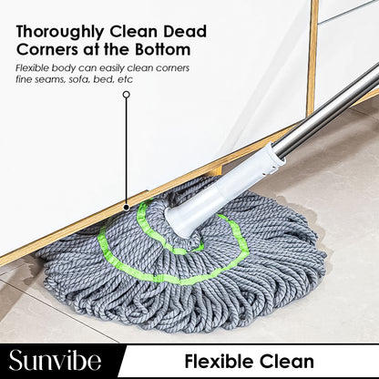 Sunvibe 360° Spin Mop with Stainless Steel Handle & Bucket | Heavy Duty Floor Cleaning Mop | Super Absorbent Microfiber | Easy Wringer System for All Floors