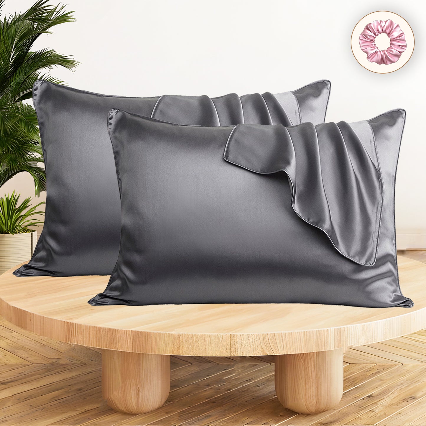 Set of 2 Satin Silk Pillow Covers and 1 Pieces Silk Scrunchies (Grey)