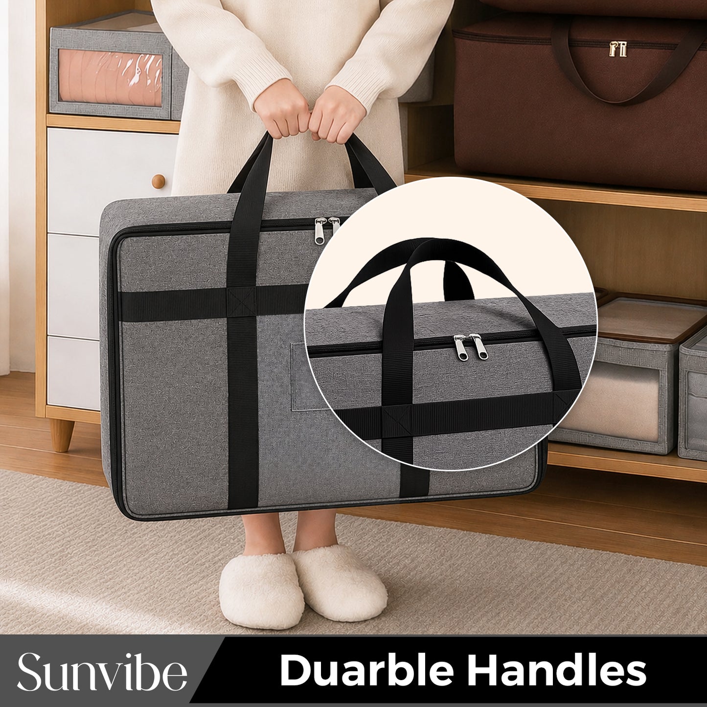 Sunvibe® Large Storage Bag for Clothes, Blankets & Comforters | Foldable Wardrobe Organizer with Strong Handles & Durable Zipper | Dustproof Storage Organizer for Sarees, Quilts, Pillows & Seasonal Clothing | Grey