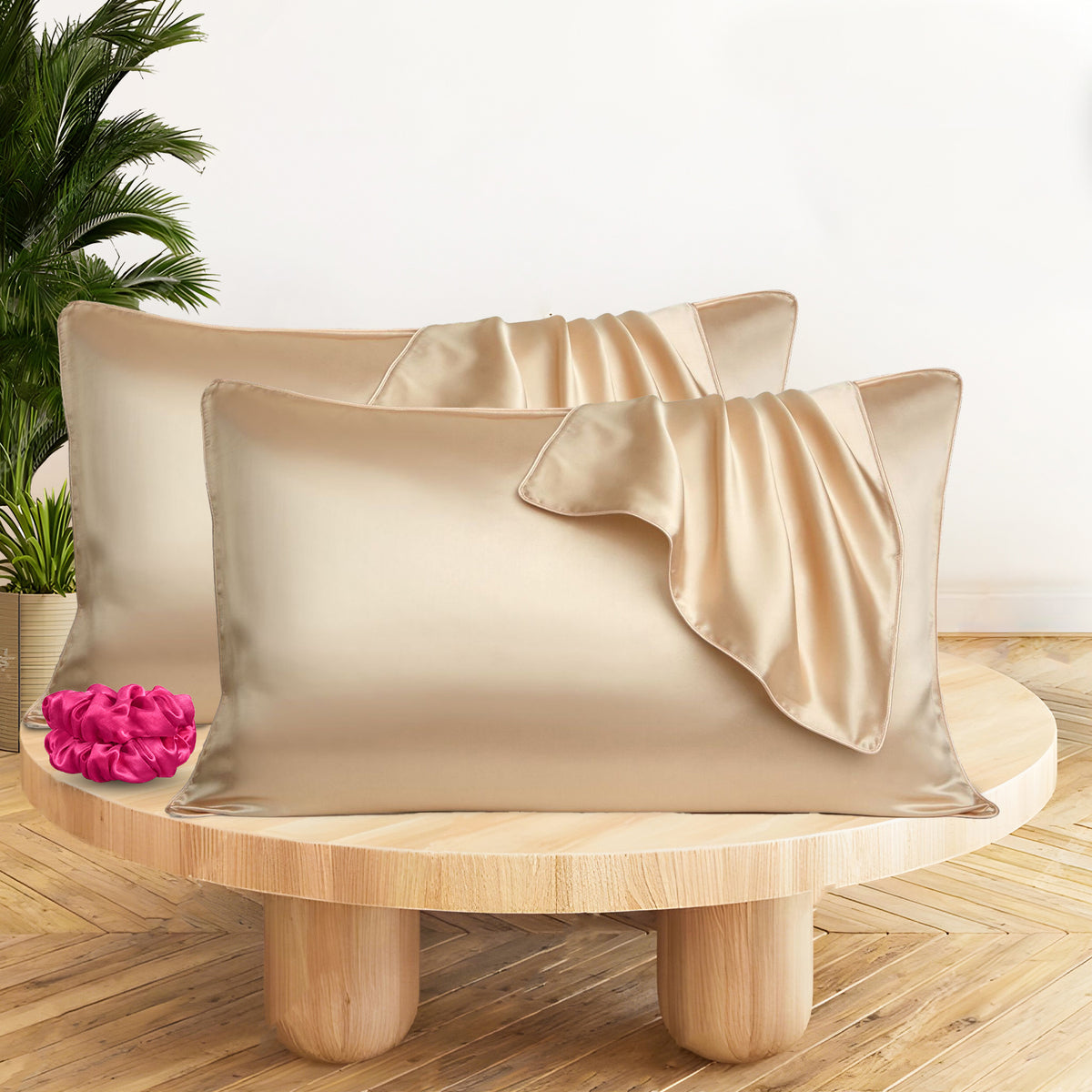 Set of 2 Satin Silk Pillow Covers and 1 Pieces Silk Scrunchies