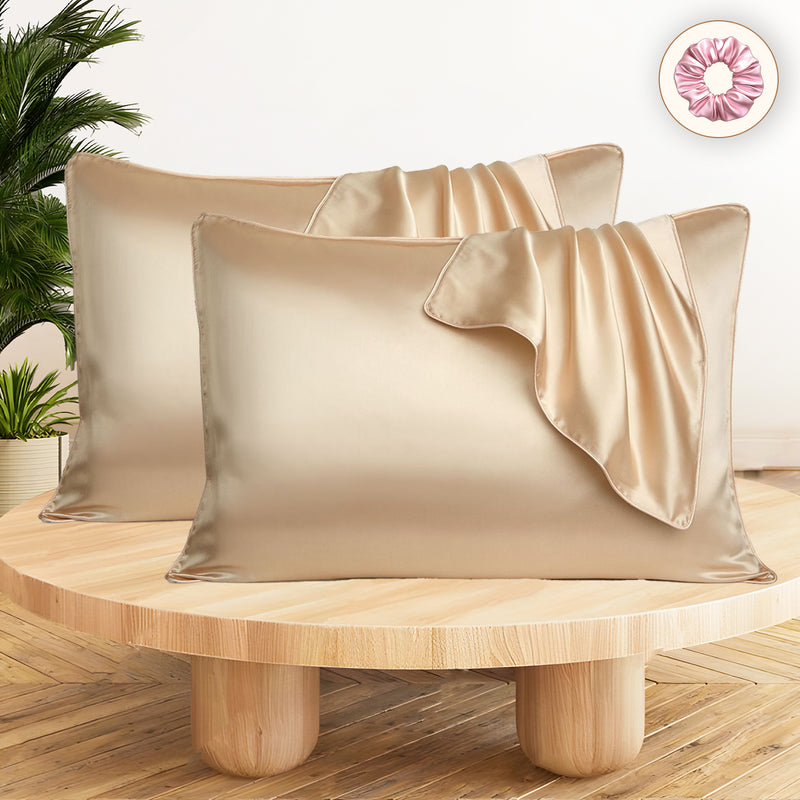 Set of 2 Satin Silk Pillow Covers and 1 Pieces Silk Scrunchies (Beige)