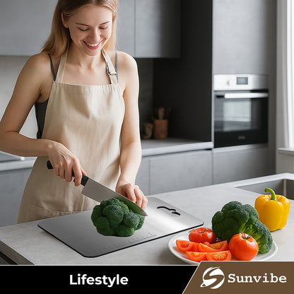 SUNVIBE® Stainless Steel Cutting Board with Handle | Durable, Rustproof & Hygienic Kitchen Worktop for Vegetables, Fruits & Meat