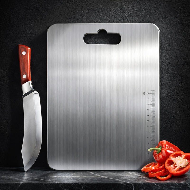 Sunvibe® Stainless Steel Chopping Board with Handle & Knife | Hygienic, Easy-Clean Cutting Board for Vegetables, Fruits & Meat | Compact Size 31×21 cm