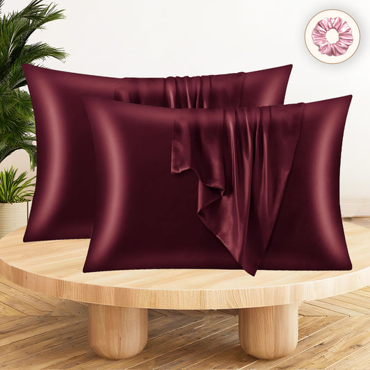 Set of 2 Satin Silk Pillow Covers and 1 Pieces Silk Scrunchies (Maroon)