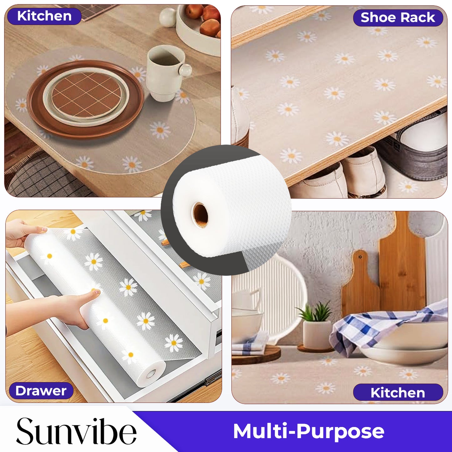 SUNVIBE Printed Shelf Liner – Anti-Slip Mat for Kitchen, Drawers & Fridge (White-Flower Design)