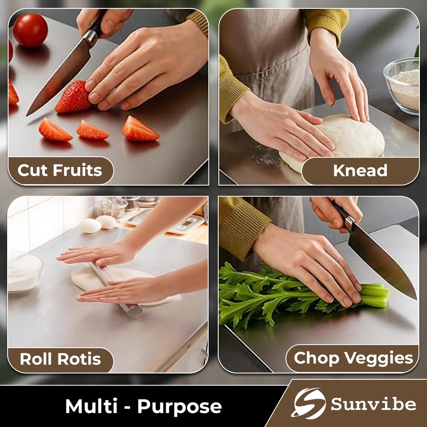 SUNVIBE® Stainless Steel Chopping Board for Kitchen | Heavy-Duty Metal Cutting Board for Vegetables, Fruits & Meat | Rustproof, Hygienic & Easy to Clean | 42x31 cm
