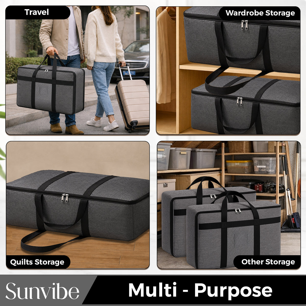 Sunvibe® Large Storage Bag for Clothes, Blankets & Comforters | Foldable Wardrobe Organizer with Strong Handles & Durable Zipper | Dustproof Storage Organizer for Sarees, Quilts, Pillows & Seasonal Clothing | Grey