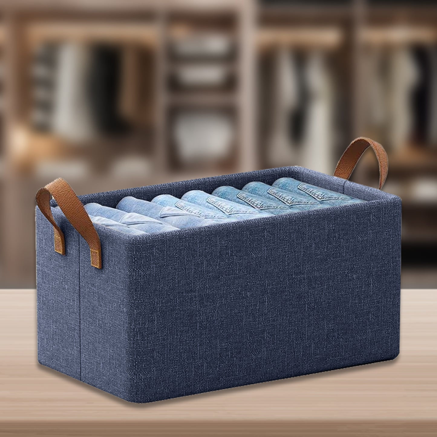Foldable Wardrobe Organizer with Durable Handle, Stuff Storage Box Closet Drawer Organizers for Clothes, Toys, Books, Blanket (Blue)