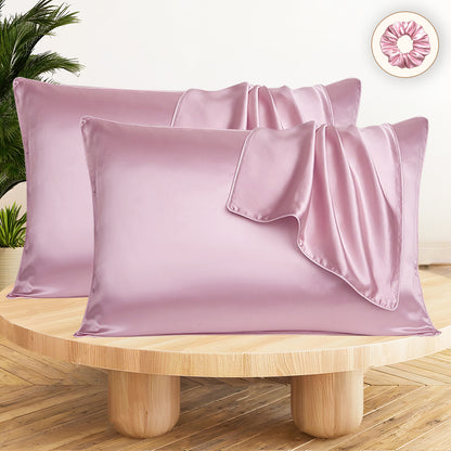 Set of 2 Satin Silk Pillow Covers and 1 Pieces Silk Scrunchies (Pink)