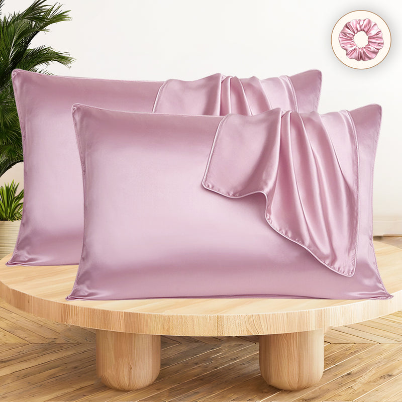 Set of 2 Satin Silk Pillow Covers and 1 Pieces Silk Scrunchies (Pink)
