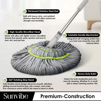 Sunvibe 360° Spin Mop with Stainless Steel Handle & Bucket | Heavy Duty Floor Cleaning Mop | Super Absorbent Microfiber | Easy Wringer System for All Floors