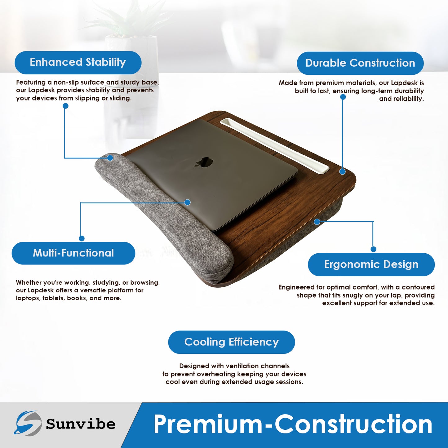 Portable Laptop Lapdesk with Soft Wrist Pad and Handy Storage Pocket, Fits up to 15.6 inch Laptop