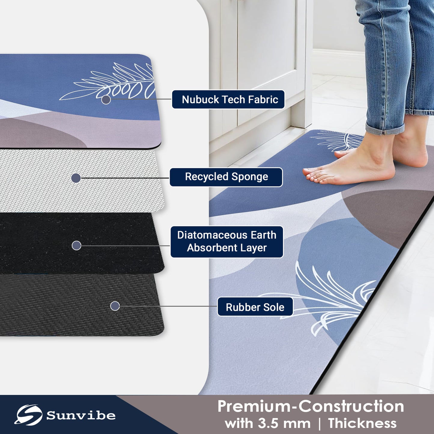 Kitchen Floor Mat 3.5mm (120x40cm & 40x60cm, Leaf Print-2 Pieces)