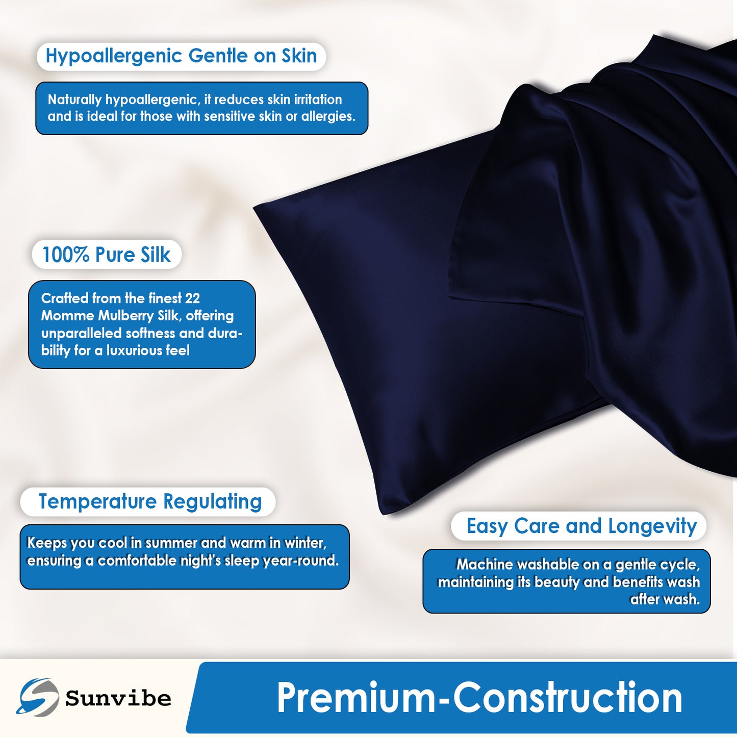 Set of 2 Satin Silk Pillow Covers and 3 Pieces Silk Scrunchies (Navy Blue)