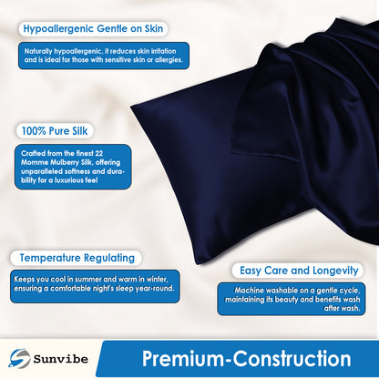 Set of 2 Satin Silk Pillow Covers and 3 Pieces Silk Scrunchies (Navy Blue)