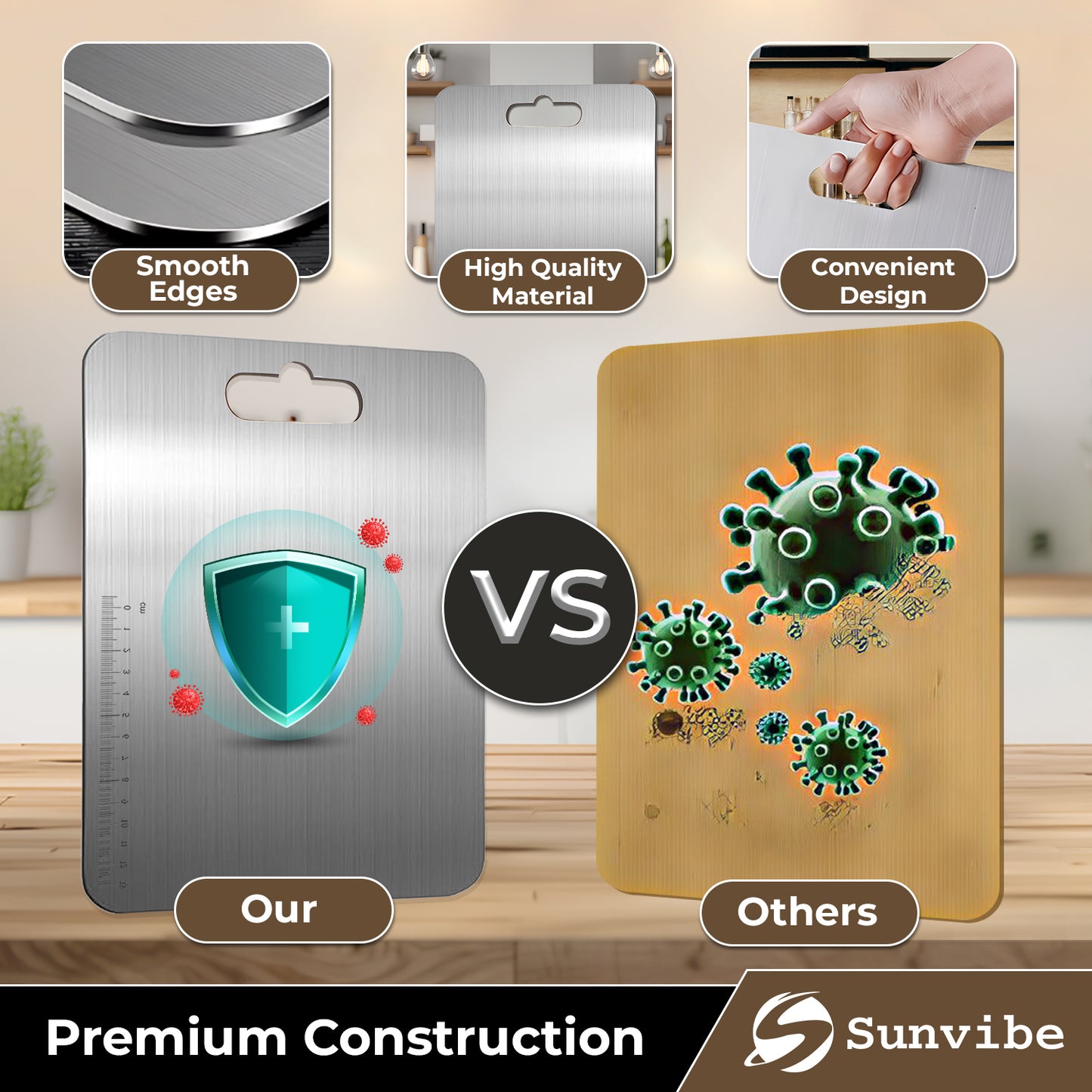 SUNVIBE® Stainless Steel Cutting Board with Handle | Durable, Rustproof & Hygienic Kitchen Worktop for Vegetables, Fruits & Meat