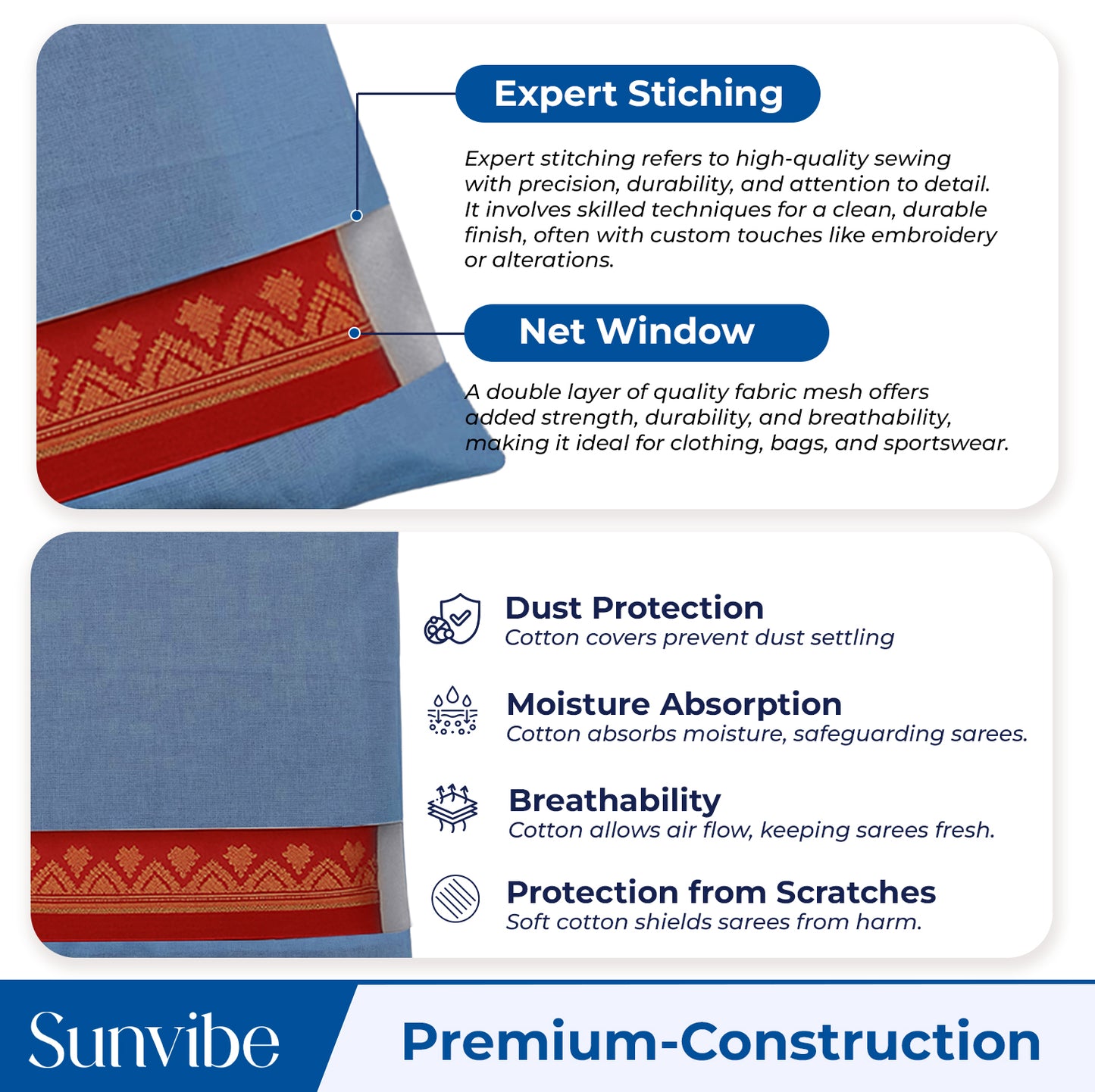Saree Clothes Bags/Covers/Poches For Storage With Zip Closure (16 X 14 Inches, Blue)