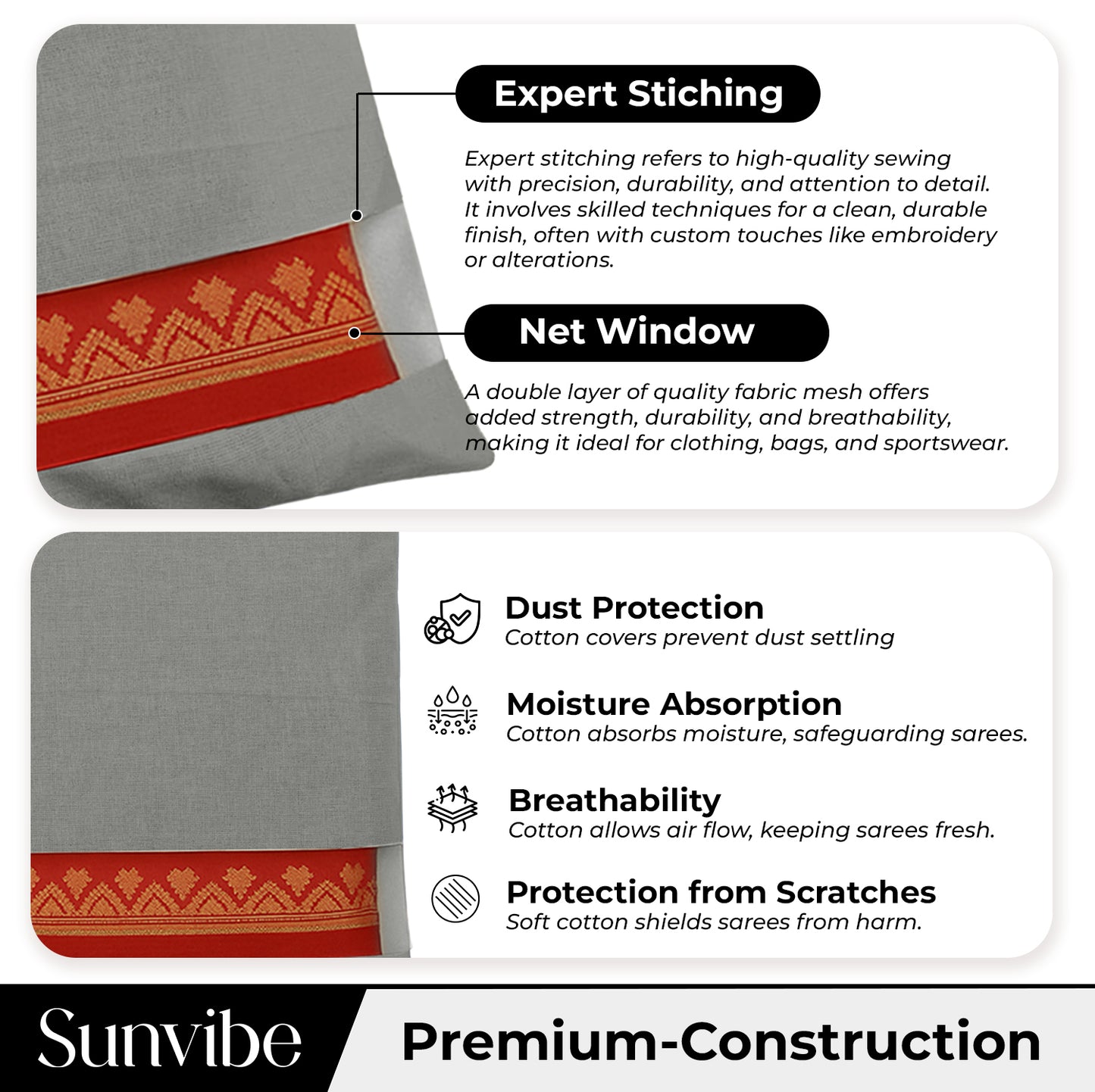 Saree Clothes Bags/Covers/Poches For Storage With Zip Closure (16 X 14 Inches, Grey)