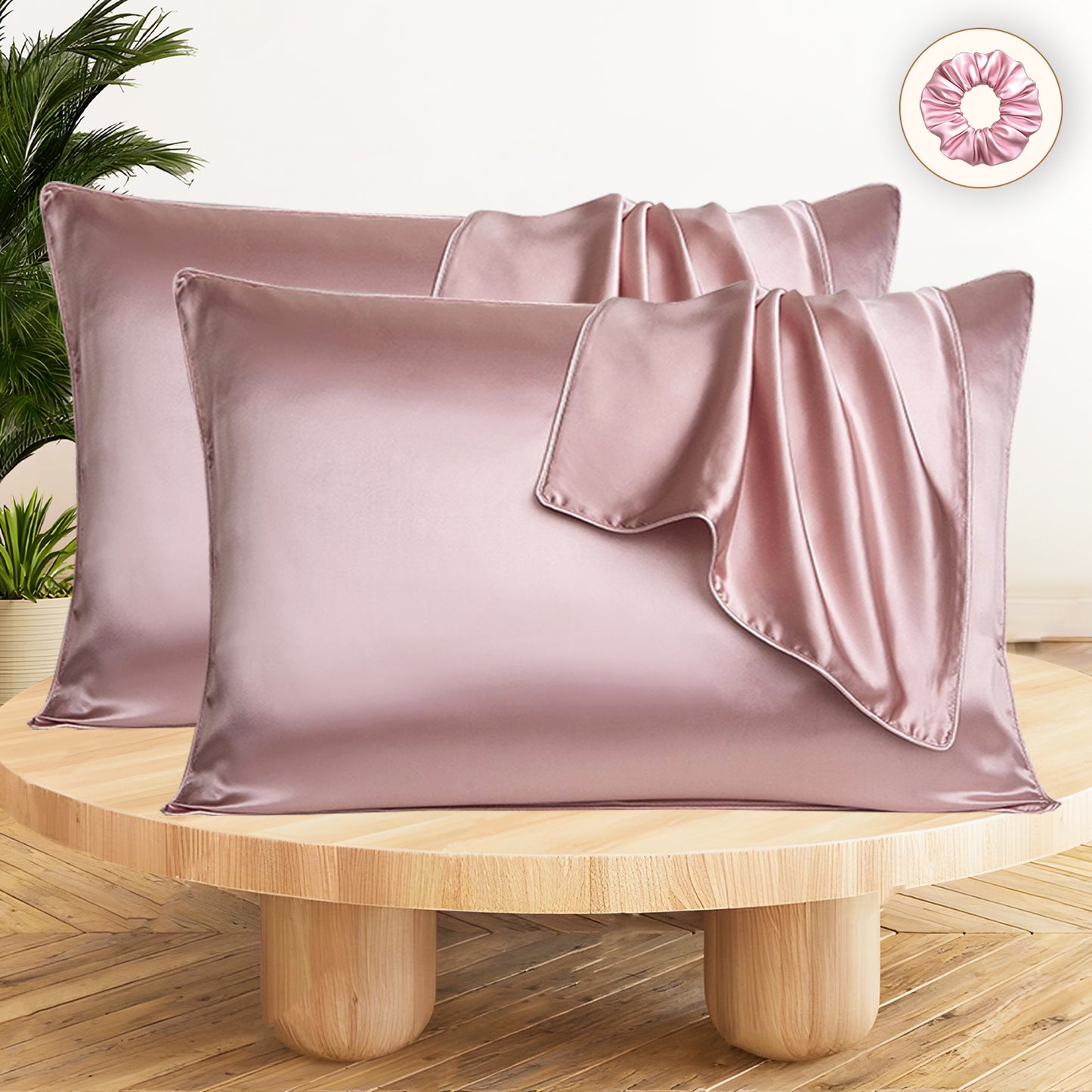 Set of 2 Satin Silk Pillow Covers and 1 Pieces Silk Scrunchies (Rose Pink)