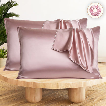 Set of 2 Satin Silk Pillow Covers and 1 Pieces Silk Scrunchies (Rose Pink)