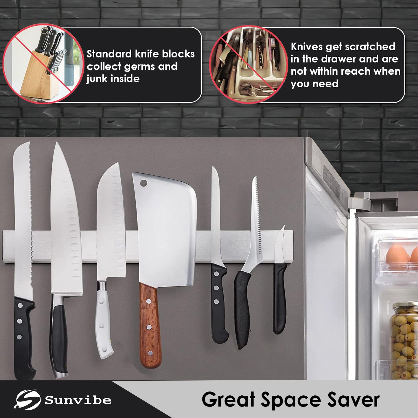 Sunvibe Magnetic Knife Strip – Wall Mounted Knife Bar with Strong Magnet | Adhesive Mount, No Drilling | Space-Saving Kitchen Organizer & Multi-Purpose Tool Holder for Home & Restaurant