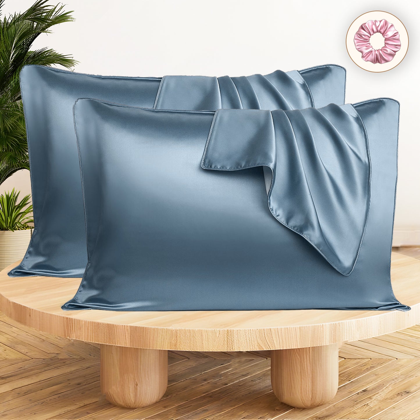 Set of 2 Satin Silk Pillow Covers and 1 Pieces Silk Scrunchies (Stone Blue)