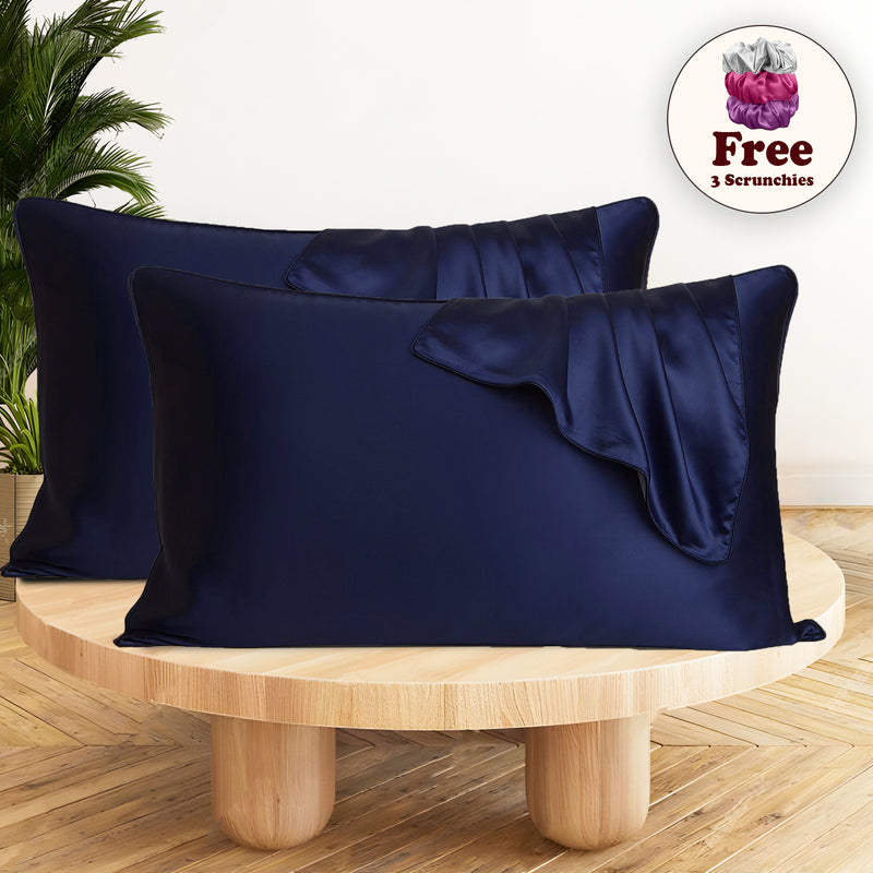 Set of 2 Satin Silk Pillow Covers and 3 Pieces Silk Scrunchies (Navy Blue)