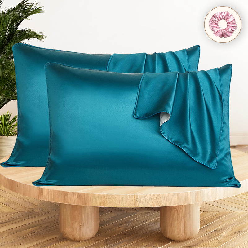 Set of 2 Satin Silk Pillow Covers and 1 Pieces Silk Scrunchies (Teal)